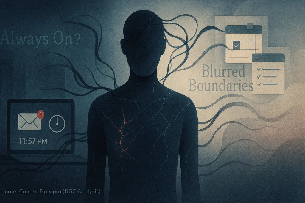 Abstract infographic revealing hybrid work's 'unseen scars': mental toll, stress, and blurred work-life lines.