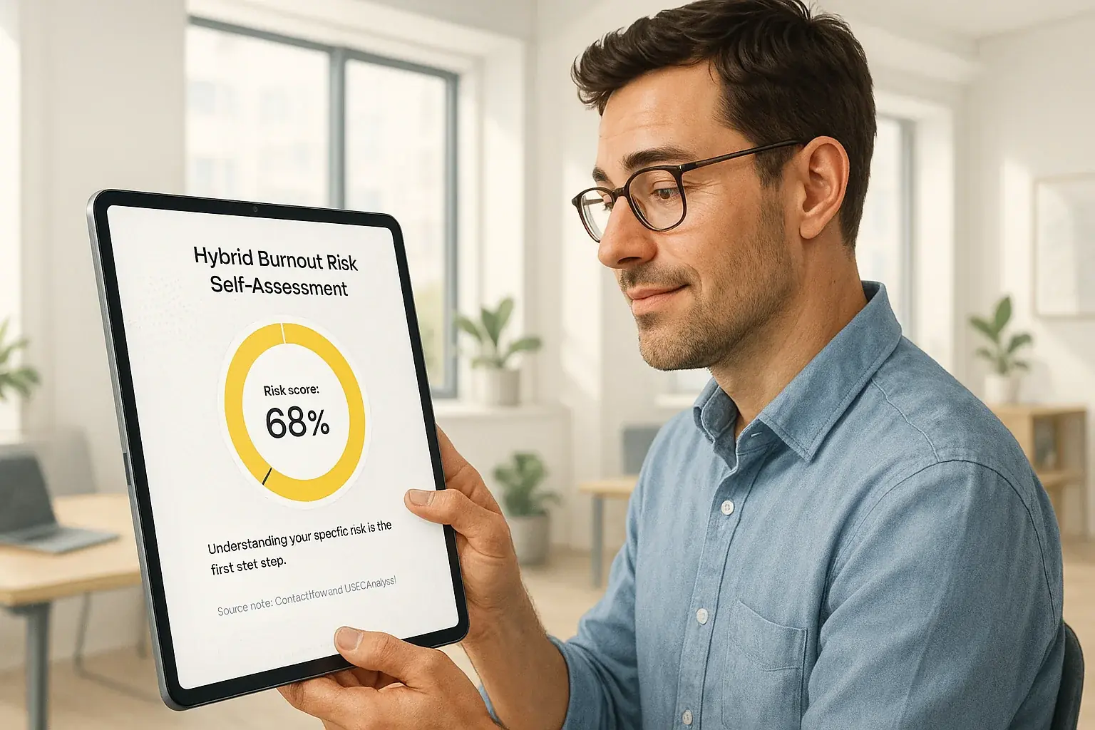 User interacts with a digital hybrid burnout self-assessment tool, showing deep engagement evaluating personal risk.