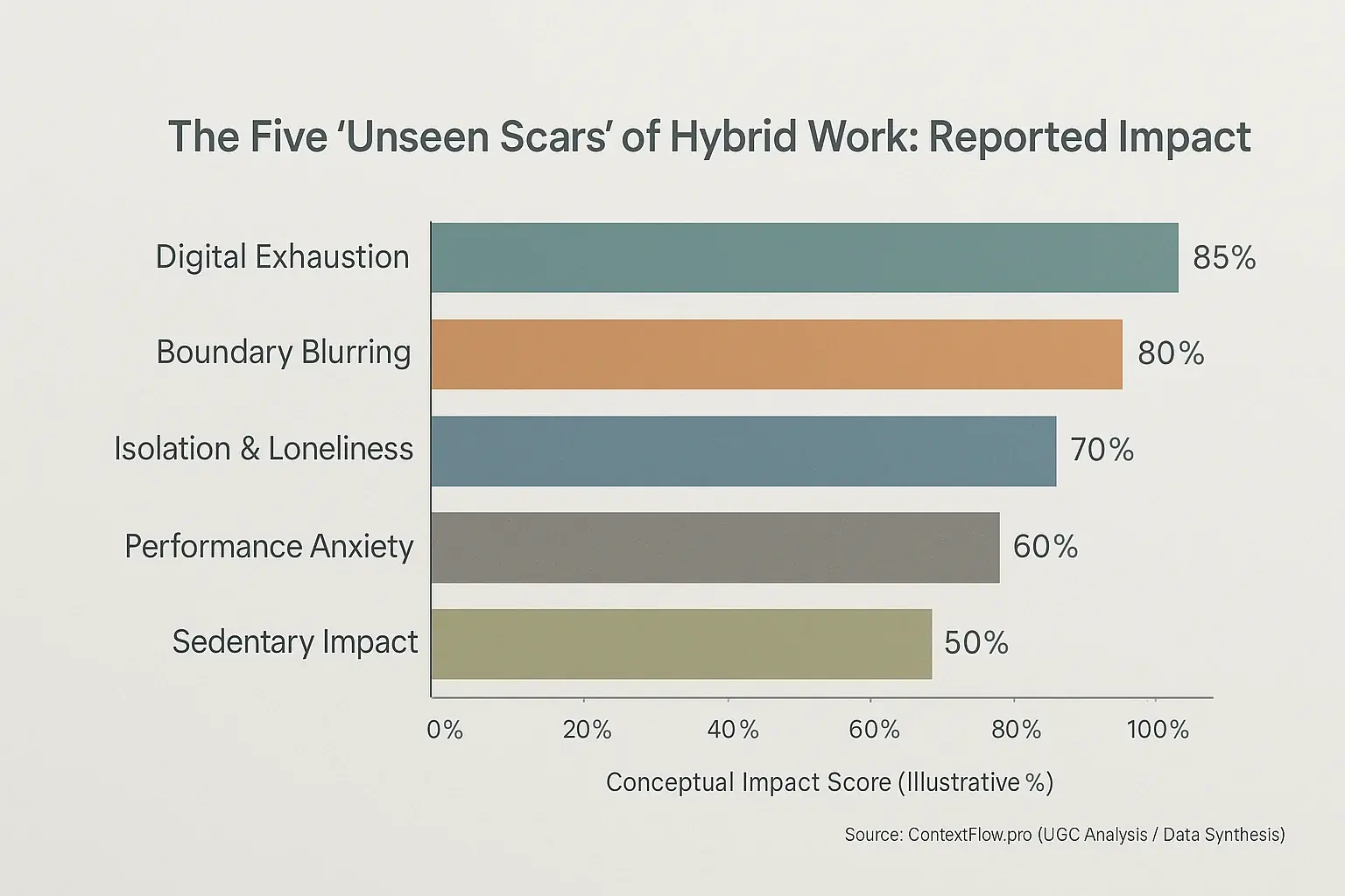 Bar chart: Top 5 unseen hybrid work scars, ranked by user-reported impact, identifying key pain points.