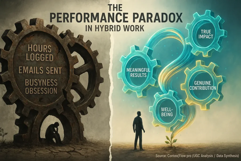 Rusty gear (failing old metrics) vs. fluid workflow (effective hybrid systems), resolving the performance paradox.
