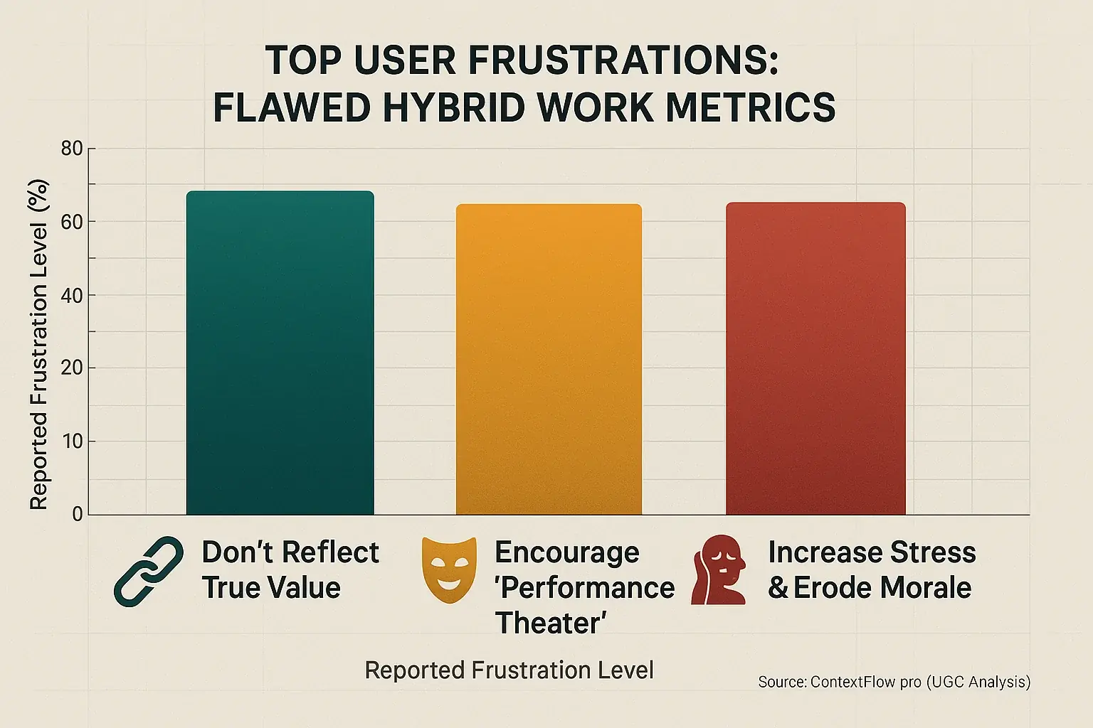 Bar chart: Top 3 complaints show hybrid metrics miss the point by not reflecting output, encouraging busywork, adding stress.