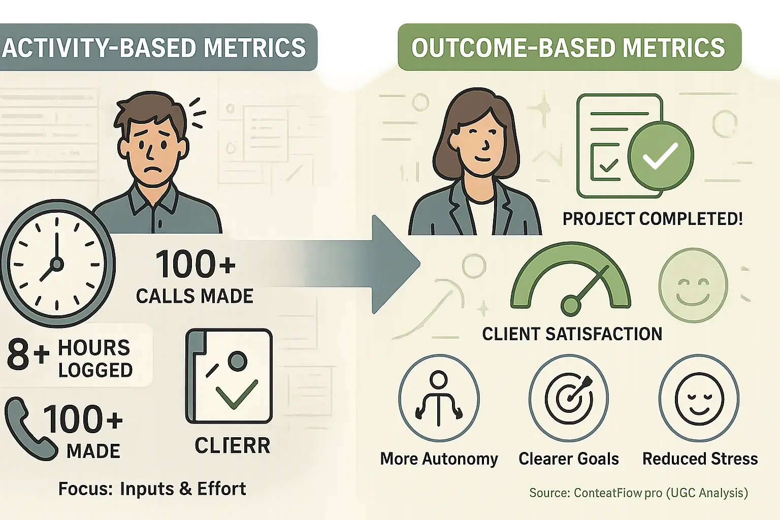 Comparing outcome &amp; activity metrics: Results, autonomy, clear goals &amp; less stress help hybrid workers thrive.