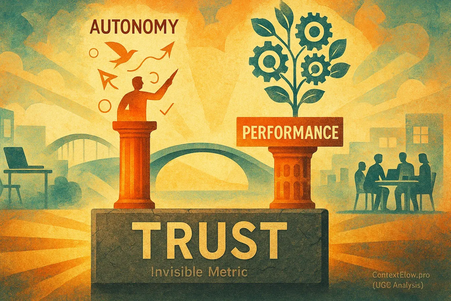 Visual metaphor: Trust, a sturdy foundation, enables autonomy and performance, bridging remote and in-office hybrid teams.