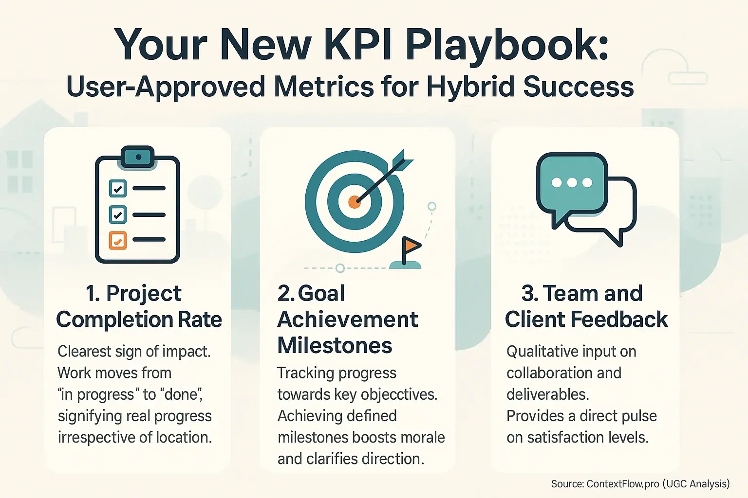 Infographic: Top user-suggested hybrid KPIs (Project Completion, Team Feedback) with icons &amp; explanations for KPI playbook.